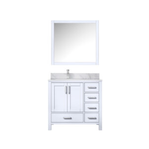 Jacques 36 in. W x 22 in. D Left Offset White Bath Vanity, Carrara Marble Top, Faucet Set, and 34 in. Mirrors