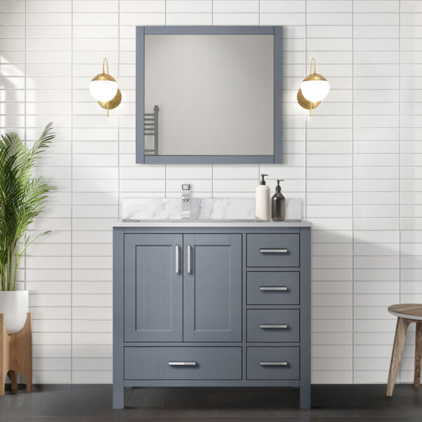 Jacques 36 in. W x 22 in. D Left Offset Dark Grey Bath Vanity, Carrara Marble Top, and 34 in. Mirrors