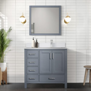 Jacques 36 in. W x 22 in. D Right Offset Dark Grey Bath Vanity, White Quartz Top, Faucet Set, and 34 in. Mirrors