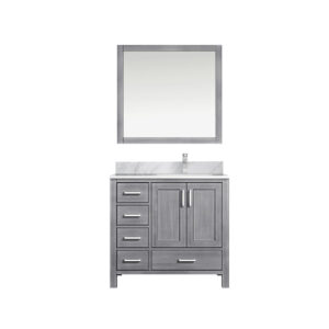 Jacques 36 in. W x 22 in. D Right Offset Distressed Grey Bath Vanity, Carrara Marble Top, Faucet Set, and 34 in. Mirrors