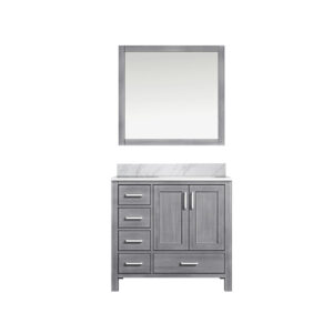 Jacques 36 in. W x 22 in. D Right Offset Distressed Grey Bath Vanity, Carrara Marble Top, and 34 in. Mirrors