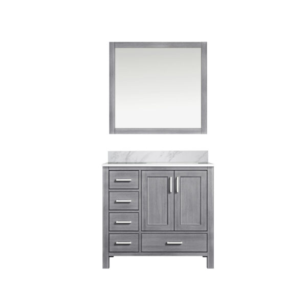 Jacques 36 in. W x 22 in. D Right Offset Distressed Grey Bath Vanity, Carrara Marble Top, and 34 in. Mirrors