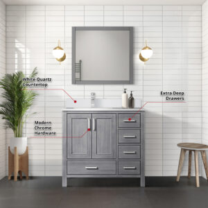 Jacques 36 in. W x 22 in. D Left Offset Distressed Grey Bath Vanity and White Quartz Top