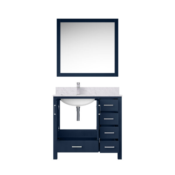 Jacques 36 in. W x 22 in. D Left Offset Navy Blue Bath Vanity, Carrara Marble Top, Faucet Set, and 34 in. Mirrors