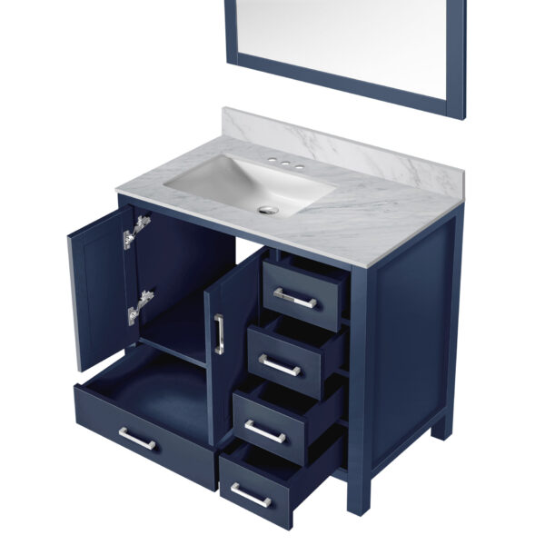 Jacques 36 in. W x 22 in. D Left Offset Navy Blue Bath Vanity, Carrara Marble Top, and 34 in. Mirrors