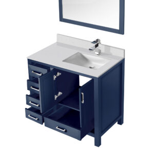 Jacques 36 in. W x 22 in. D Right Offset Navy Blue Bath Vanity, Cultured Marble Top, Faucet Set, and 34 in. Mirror