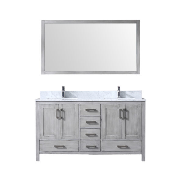 Jacques 60 in. W x 22 in. D Distressed Grey Double Bath Vanity, Carrara Marble Top, Faucet Set, and 58 in. Mirror