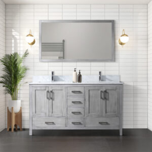 Jacques 60 in. W x 22 in. D Distressed Grey Double Bath Vanity, Carrara Marble Top, Faucet Set, and 58 in. Mirror