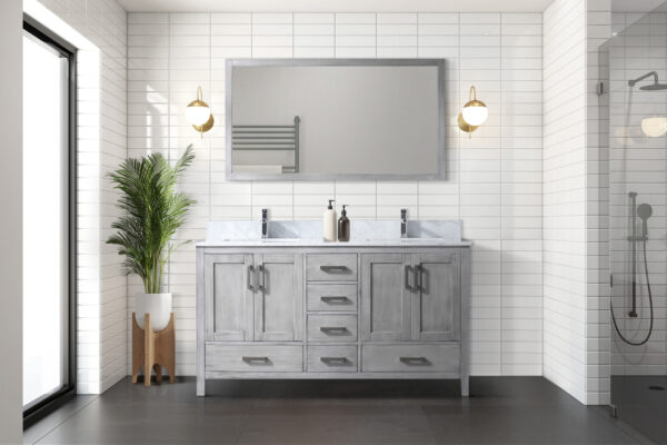 Jacques 60 in. W x 22 in. D Distressed Grey Double Bath Vanity, Carrara Marble Top, Faucet Set, and 58 in. Mirror