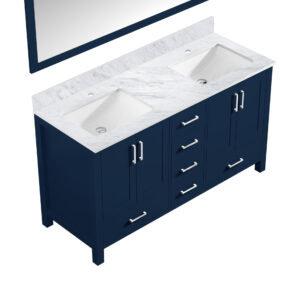 Jacques 60 in. W x 22 in. D Navy Blue Double Bath Vanity, Carrara Marble Top, and 58 in. Mirror