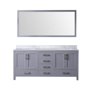 Jacques 72 in. W x 22 in. D Dark Grey Double Bath Vanity, Carrara Marble Top, and 28 in. Mirror