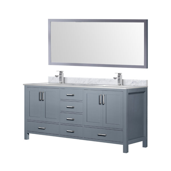 Jacques 72 in. W x 22 in. D Dark Grey Double Bath Vanity, Carrara Marble Top, Faucet Set, and 28 in. Mirror