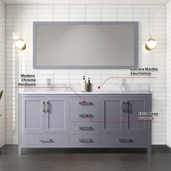 Jacques 72 in. W x 22 in. D Dark Grey Double Bath Vanity and 28 in. Mirror