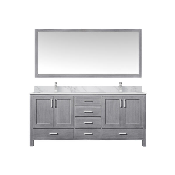 Jacques 72 in. W x 22 in. D Distressed Grey Double Bath Vanity, Carrara Marble Top, Faucet Set, and 28 in. Mirror