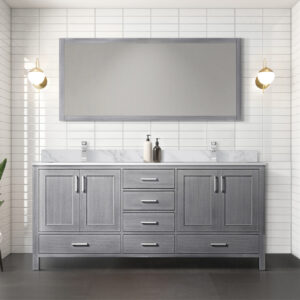 Jacques 72 in. W x 22 in. D Distressed Grey Double Bath Vanity, Carrara Marble Top, Faucet Set, and 28 in. Mirror