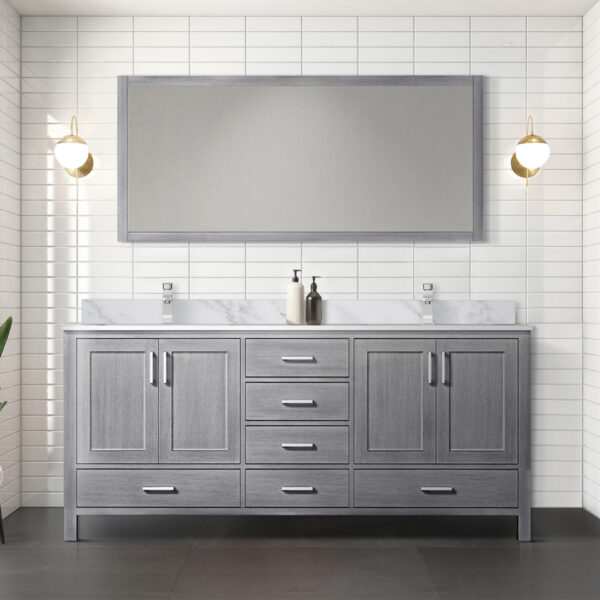 Jacques 72 in. W x 22 in. D Distressed Grey Double Bath Vanity, Carrara Marble Top, Faucet Set, and 28 in. Mirror