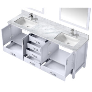 Jacques 80 in. W x 22 in. D White Double Bath Vanity, Carrara Marble Top, Faucet Set, and 30 in. Mirrors