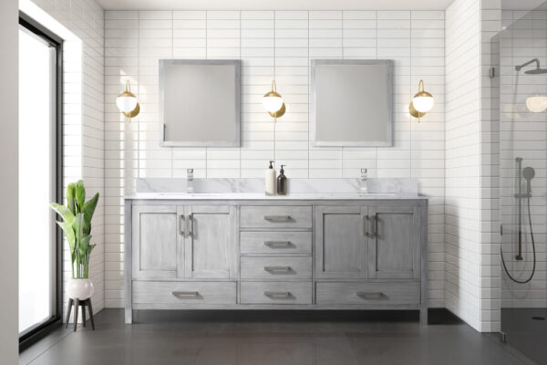 Jacques 80 in. W x 22 in. D Distressed Grey Double Bath Vanity, Carrara Marble Top, Faucet Set, and 30 in. Mirrors