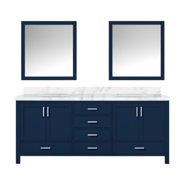 Jacques 80 in. W x 22 in. D Navy Blue Double Bath Vanity, Carrara Marble Top, and 30 in. Mirrors