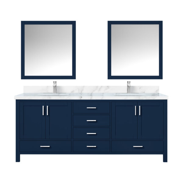 Jacques 80 in. W x 22 in. D Navy Blue Double Bath Vanity, Carrara Marble Top, Faucet Set, and 30 in. Mirrors