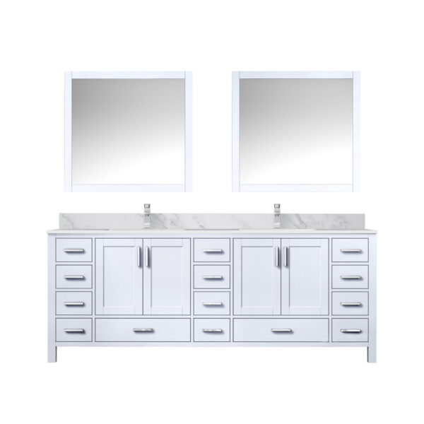 Jacques 84 in. W x 22 in. D White Double Bath Vanity, Carrara Marble Top, Faucet Set, and 34 in. Mirrors