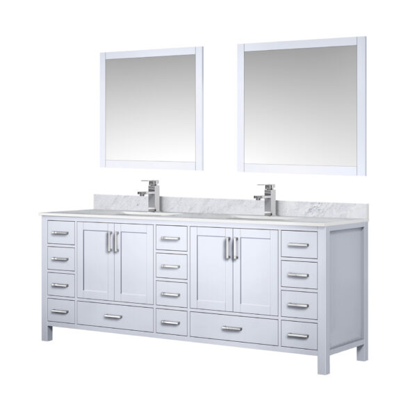 Jacques 84 in. W x 22 in. D White Double Bath Vanity, Carrara Marble Top, Faucet Set, and 34 in. Mirrors