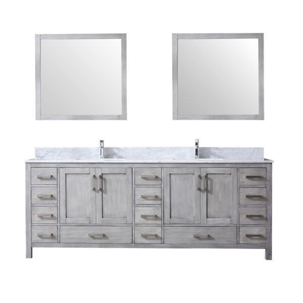 Jacques 84 in. W x 22 in. D Distressed Grey Double Bath Vanity, Carrara Marble Top, Faucet Set, and 34 in. Mirrors