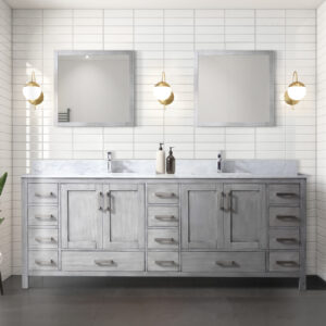 Jacques 84 in. W x 22 in. D Distressed Grey Double Bath Vanity, Carrara Marble Top, Faucet Set, and 34 in. Mirrors