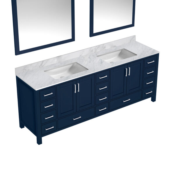 Jacques 84 in. W x 22 in. D Navy Blue Double Bath Vanity, Carrara Marble Top, and 34 in. Mirrors