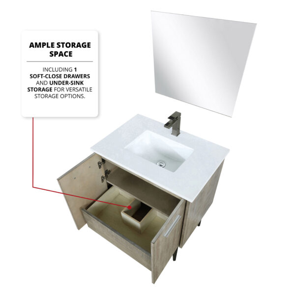 Lancy 30W x 20D Rustic Acacia Bath Vanity, Cultured Marble Top and Rose Gold Faucet Set