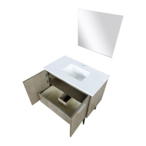 Lancy 36W x 20D Rustic Acacia Bath Vanity, White Quartz Top and 28Mirror