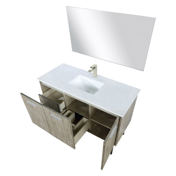 Lancy 48W x 20D Rustic Acacia Bath Vanity, Cultured Marble Top, Brushed Nickel Faucet Set and 43Mirror