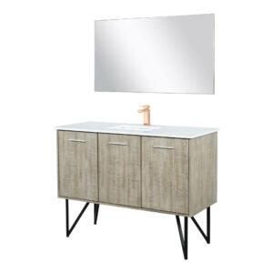 Lancy 48W x 20D Rustic Acacia Bath Vanity, Cultured Marble Top, Rose Gold Faucet Set and 43Mirror