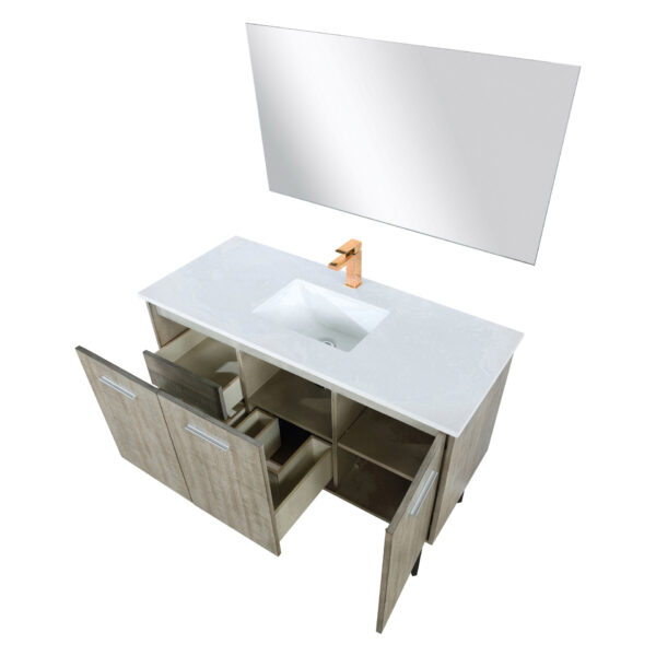 Lancy 48W x 20D Rustic Acacia Bath Vanity, Cultured Marble Top, Rose Gold Faucet Set and 43Mirror