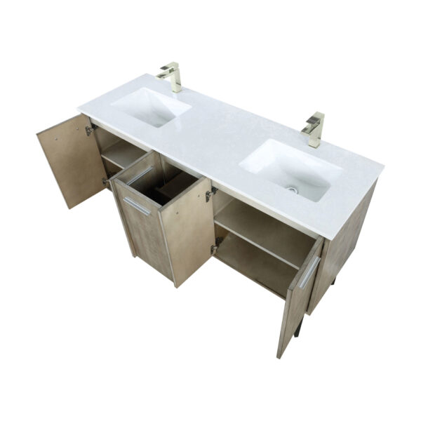 Lancy 60W x 20D Rustic Acacia Double Bath Vanity, Cultured Marble Top and Brushed Nickel Faucet Set