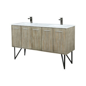 Lancy 60W x 20D Rustic Acacia Double Bath Vanity, Cultured Marble Top and Gun Metal Faucet Set