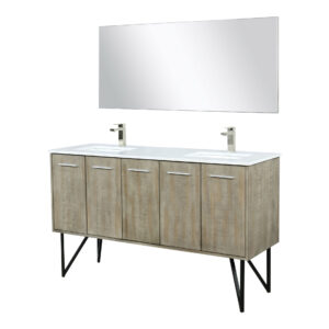 Lancy 60W x 20D Rustic Acacia Double Bath Vanity, Cultured Marble Top, Brushed Nickel Faucet Set and 55Mirror