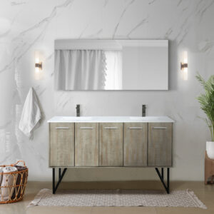 Lancy 60W x 20D Rustic Acacia Double Bath Vanity, Cultured Marble Top and Gun Metal Faucet Set