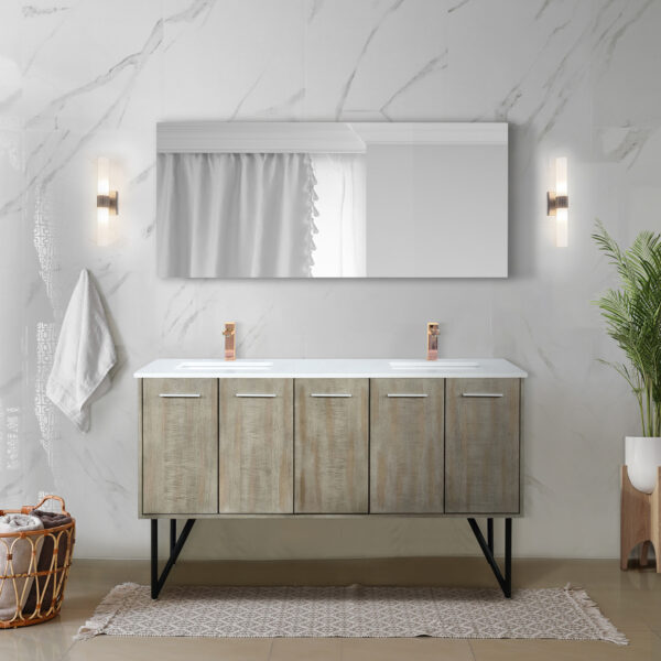 Lancy 60W x 20D Rustic Acacia Double Bath Vanity, Cultured Marble Top and Rose Gold Faucet Set