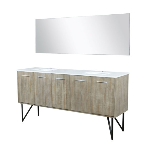 Lancy 72W x 20D Rustic Acacia Double Bath Vanity, White Quartz Top and 70Mirror