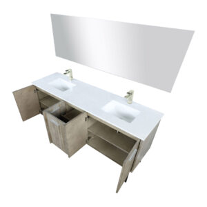 Lancy 72W x 20D Rustic Acacia Double Bath Vanity, Cultured Marble Top, Brushed Nickel Faucet Set and 70Mirror