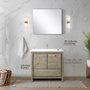 Lafarre 36W x 20D Rustic Acacia Bath Vanity, White Quartz Top and Brushed Nickel Faucet Set