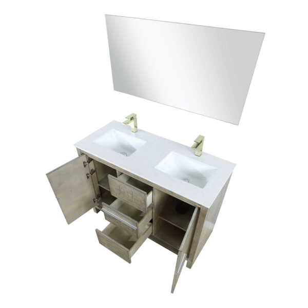 Lafarre 48W x 20D Rustic Acacia Double Bath Vanity, Cultured Marble Top, Brushed Nickel Faucet Set and 43Mirror