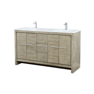 Lafarre 60W x 20D Rustic Acacia Double Bath Vanity, Cultured Marble Top and Chrome Faucet Set