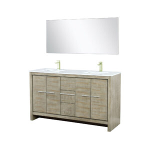 Lafarre 60W x 20D Rustic Acacia Double Bath Vanity, Cultured Marble Top, Brushed Nickel Faucet Set and 55Mirror