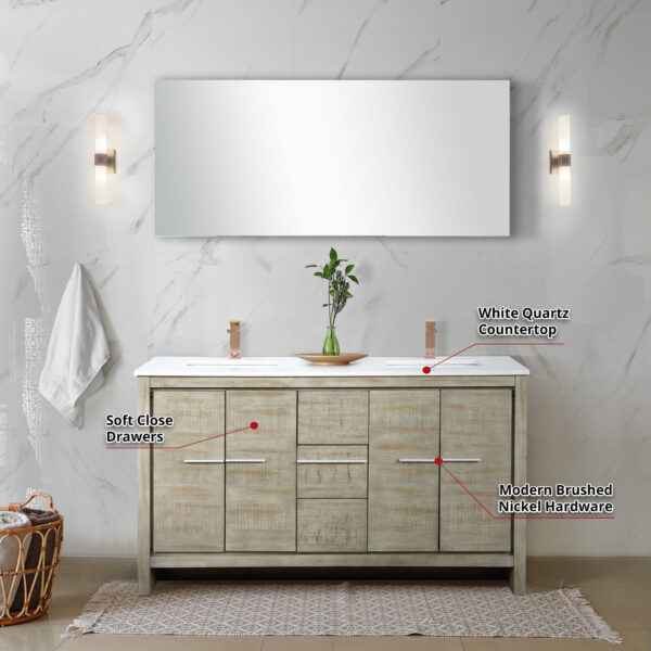 Lafarre 60W x 20D Rustic Acacia Double Bath Vanity, White Quartz Top and Rose Gold Faucet Set