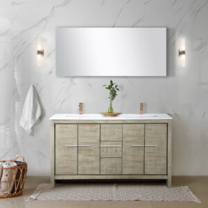 Lafarre 60W x 20D Rustic Acacia Double Bath Vanity, Cultured Marble Top and Rose Gold Faucet Set