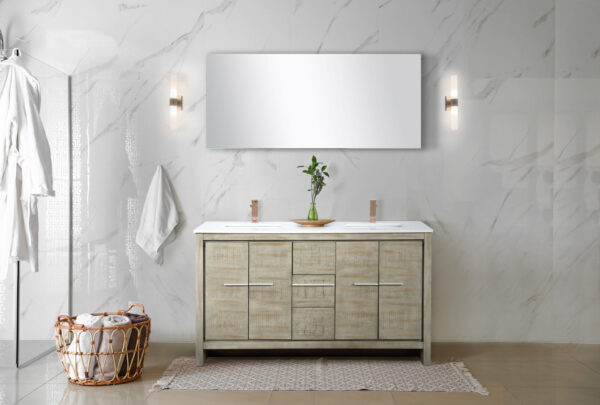 Lafarre 60W x 20D Rustic Acacia Double Bath Vanity, Cultured Marble Top and Rose Gold Faucet Set