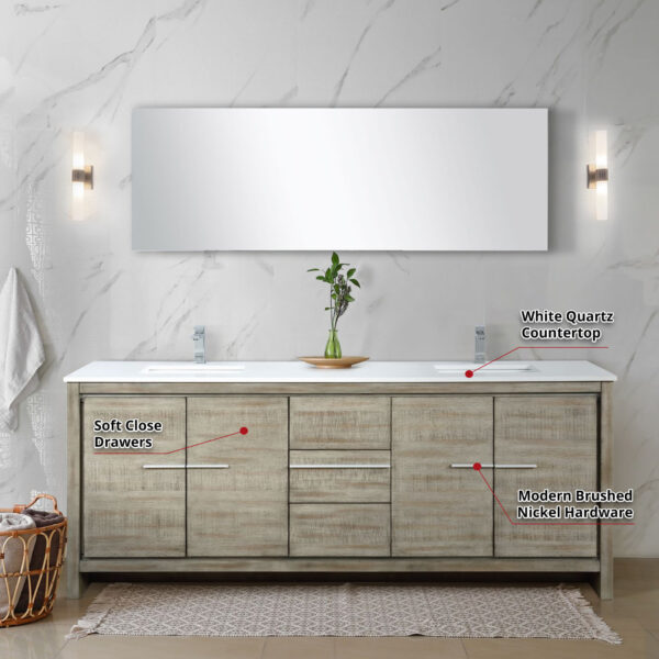 Lafarre 80W x 20D Rustic Acacia Double Bath Vanity, White Quartz Top and Gun Metal Faucet Set