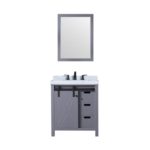 Marsyas 30W x 22D Dark Grey Bath Vanity, Carrara Marble Countertop, Faucet Set and 28Mirror